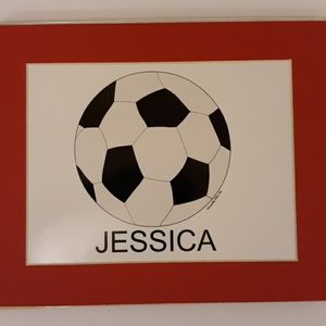 Picture volleyball soccer print with childs name Jessica with red mat